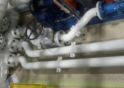 HVAC mechanical room piping with flanged white pipes, manual gate valve and blue pump motor assembly